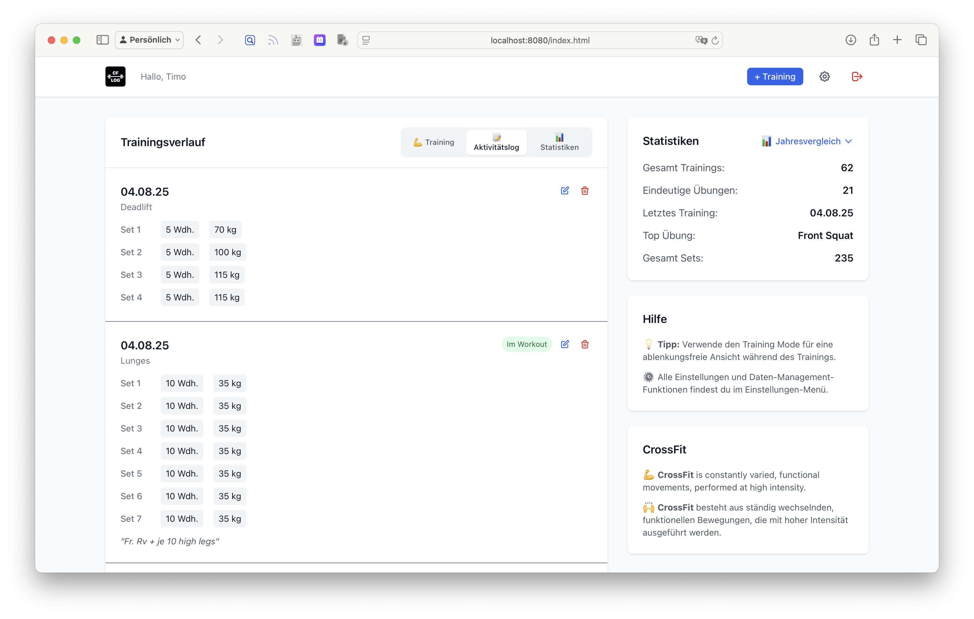 cf-log Trainingslog Ansicht